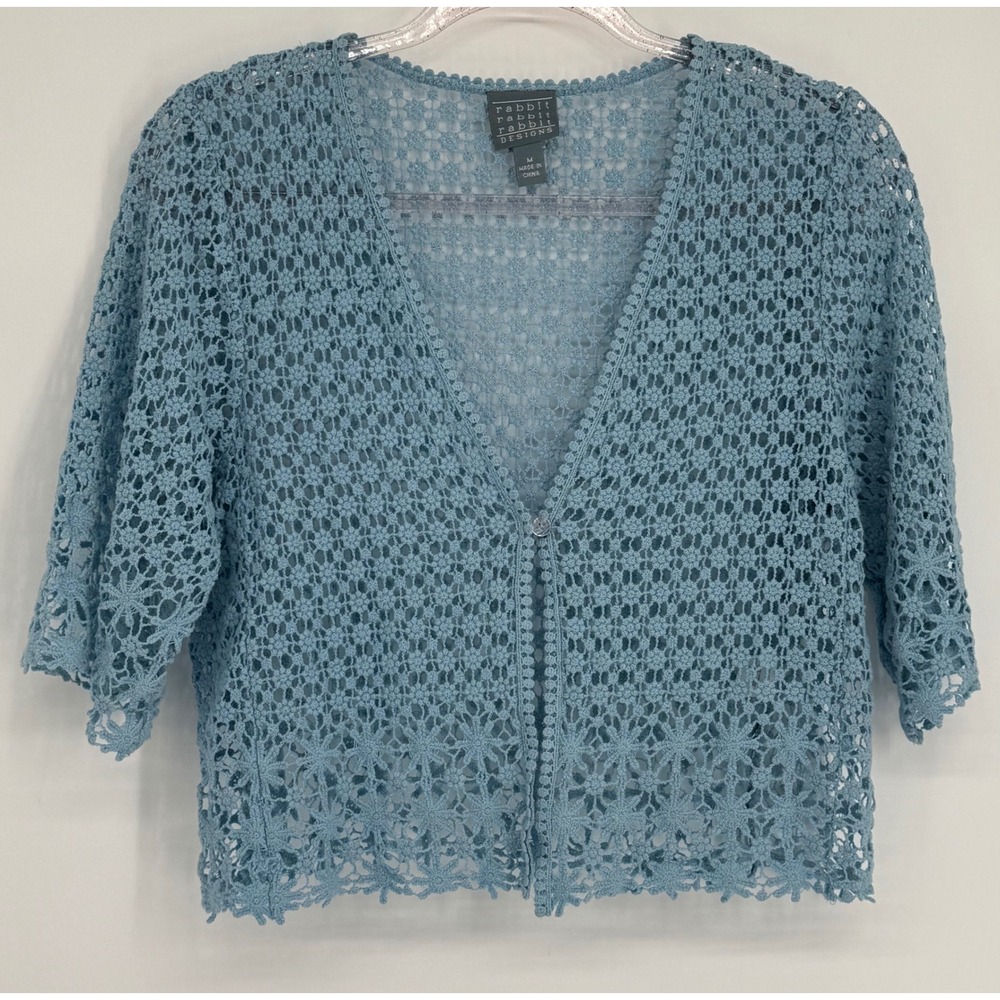 Rabbit Rabbit Rabbit Designs Blue Crochet Cotton Cardigan Sweater Sz M